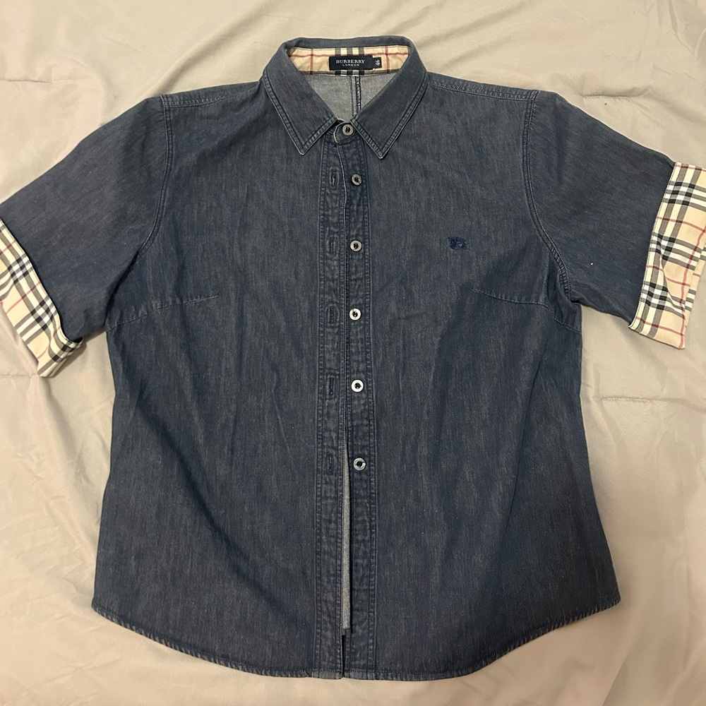 Burberry Denim Blouse with Plaid Accents